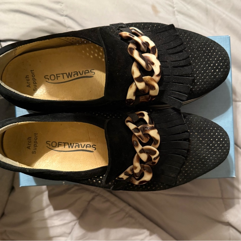 Softwaves Black Loafers with Chain Accent